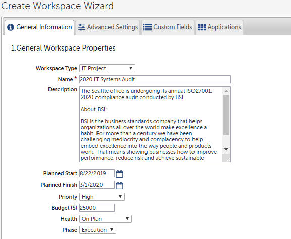 Changepoint PPM (Daptiv): Set up a new Project (Workspace)