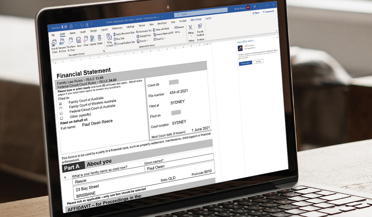 Family Law forms using LEAP for Word add-in